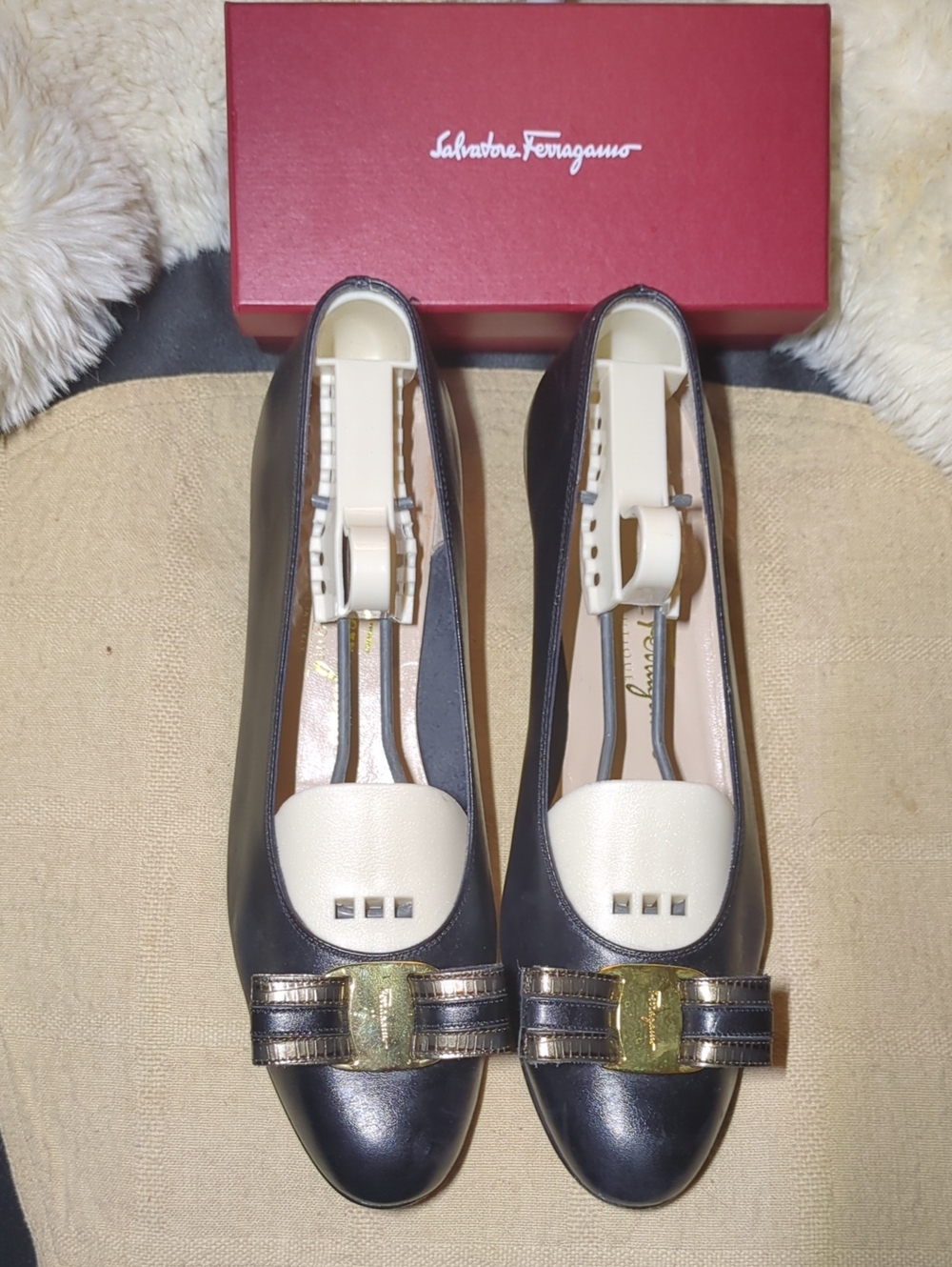 Vintage Salvatore Ferragamo Black and Ivory Leather Vara Bow Flats NOW ONLY $55